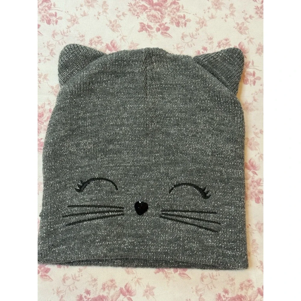 Justice Gray Cat Ear Knit Beanie Hat Glitter One Size